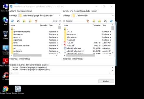 Janela de transferência de arquivos Forest WildFly mostrando computador local ADOLFO com pastas de origem e computador remoto Servidor NFe com destino C:\teorema\bin, exibindo módulos atualizados como administrador, arquivos e atualizadores