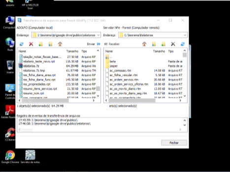 Janela de transferência de arquivos Forest WildFly mostrando arquivos de relatórios (.rp, .7z, .rtm) sendo transferidos da origem para C:\teorema\relatorios no servidor remoto, com registro de eventos de transferência no rodapé