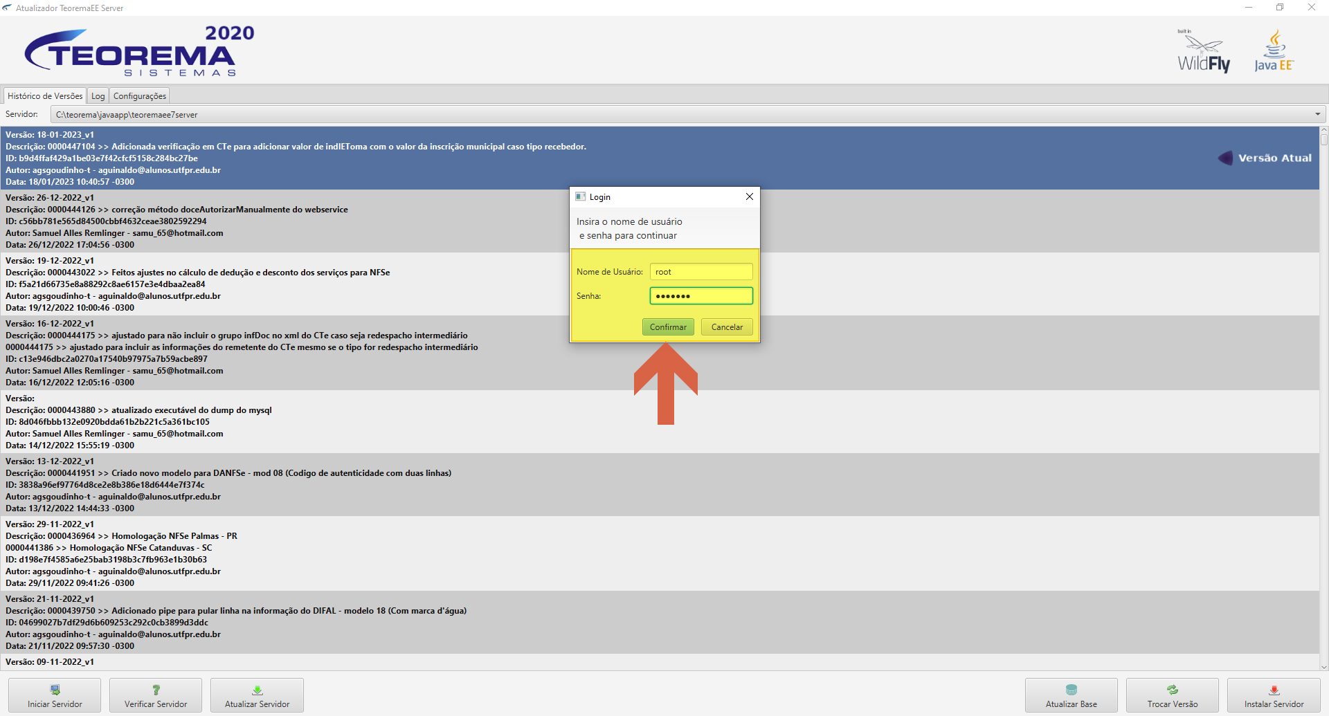 Atualizador TeoremaeEE Server 2020 exibindo diálogo "Criar" com campos de nome de usuário e senha (mascarada) e botão Confirmar, com seta indicativa