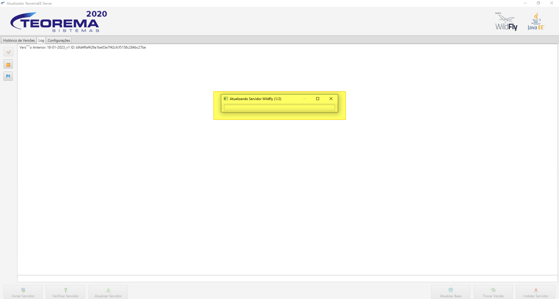 Atualizador TeoremaeEE Server exibindo diálogo "Atualizando Servidor Wildfly (1/2)" com barra de progresso em execução