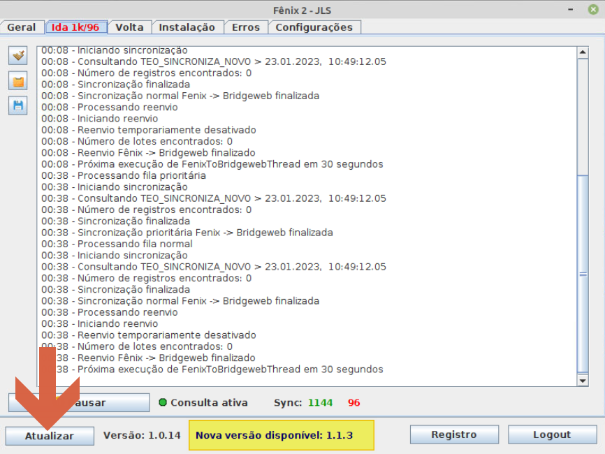 Fênix 2 - JLS exibindo aba Geral com log de sincronização e rodapé com Versão 1.0.14 e banner "Nova versão disponível: 1.1.3" e botão Atualizar