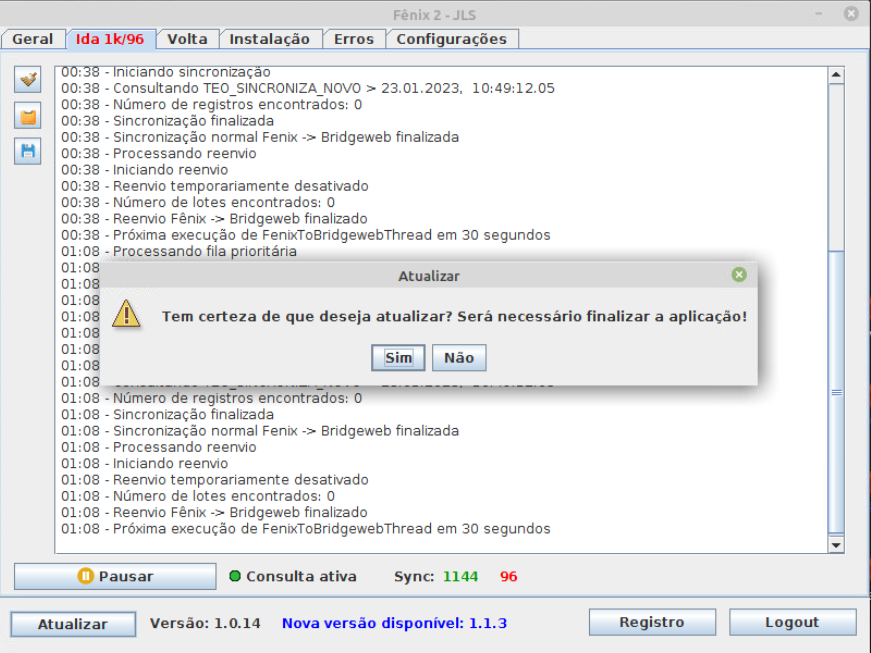Fênix 2 - JLS exibindo diálogo "Atualizar" com mensagem "Tem certeza de que deseja atualizar? Será necessário finalizar a aplicação!" e botões Sim e Não