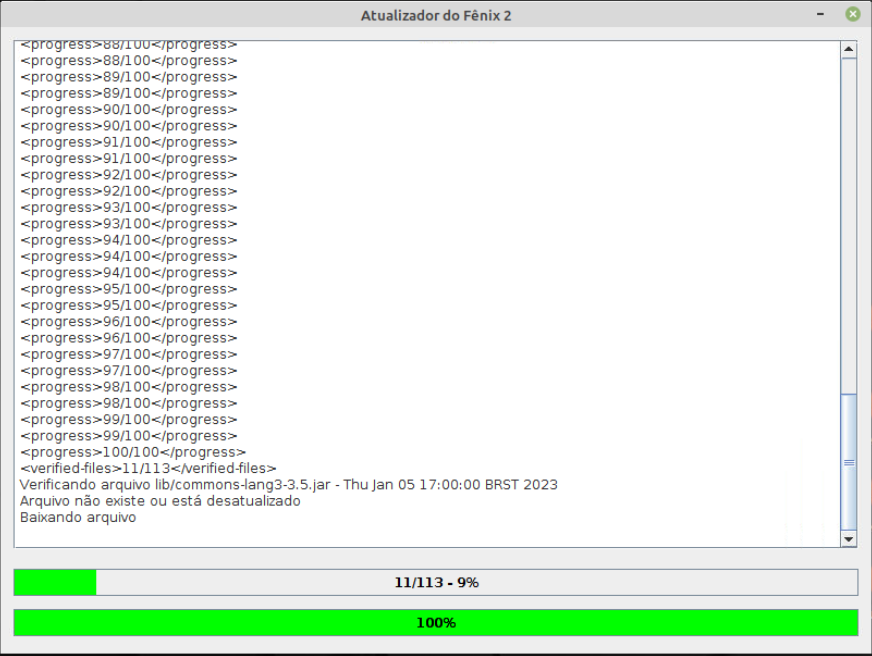 Atualizador do Fênix 2 exibindo log de progresso com tags progress de 88/100 a 100/100, linha "Verificando arquivo lib/commons-lang3-3.5.jar", mensagem "Arquivo não existe ou está desatualizado", "Baixando arquivo" e barra de progresso em 11/113 - 9% com barra verde de 100%