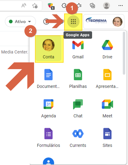 Menu Google Apps aberto no navegador mostrando ícones: Conta, Gmail, Drive, Documentos, Planilhas, Apresentações, Agenda, Chat, Meet, Formulários, Currents, Sites