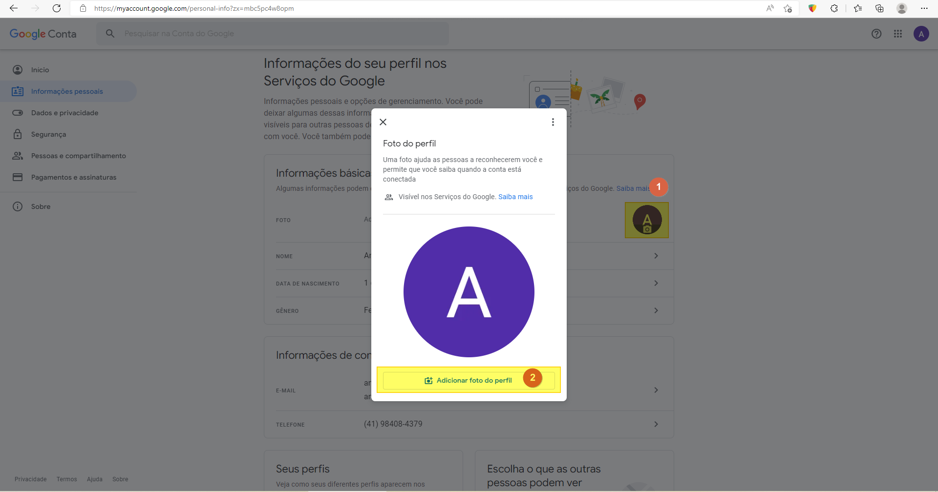 Painel "Foto do perfil" sobreposto à página de Informações pessoais, com avatar padrão e botão "Adicionar foto do perfil"; campo Telefone visível ao fundo com número omitido por privacidade