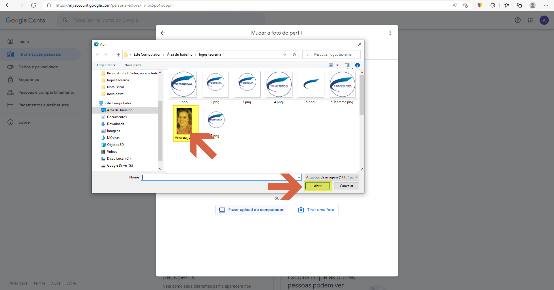 Janela do seletor de arquivos do Windows com pasta "logos teorema" aberta, exibindo arquivos de imagem listados e botão "Abrir" destacado