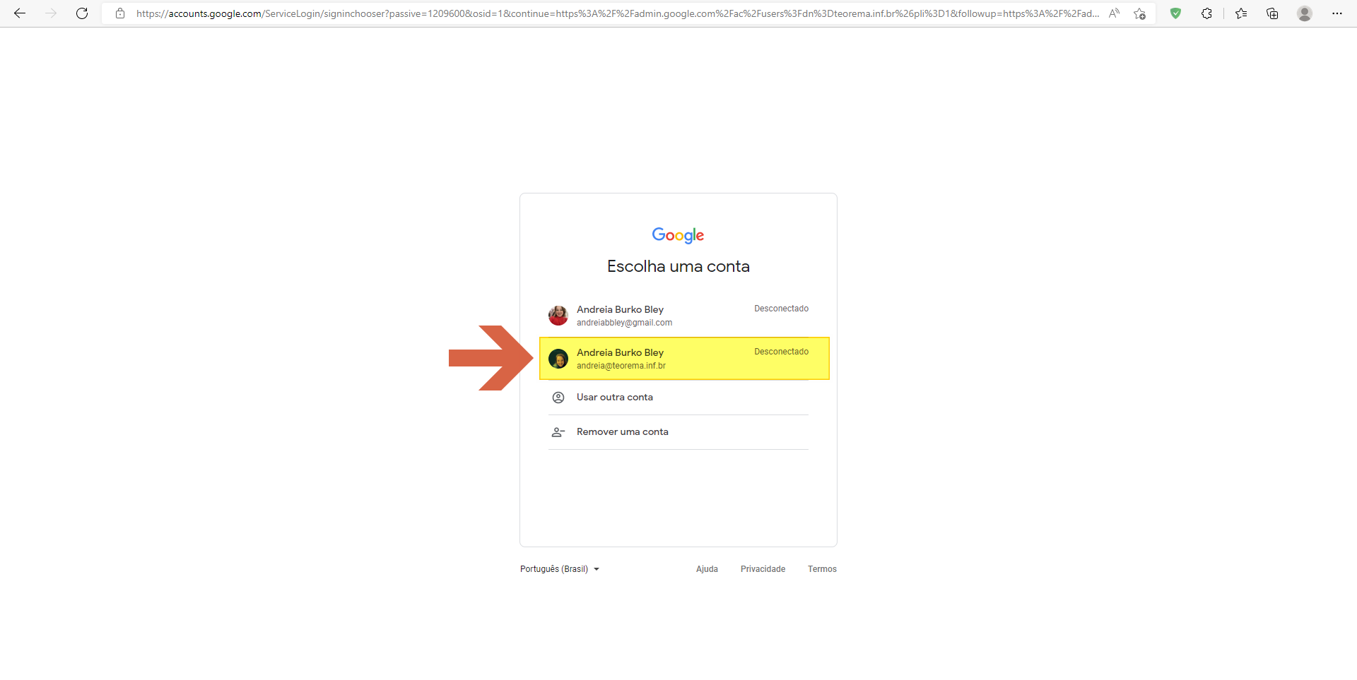 Tela Google "Escolha uma conta" com a conta andreia@teorema.inf.br selecionada