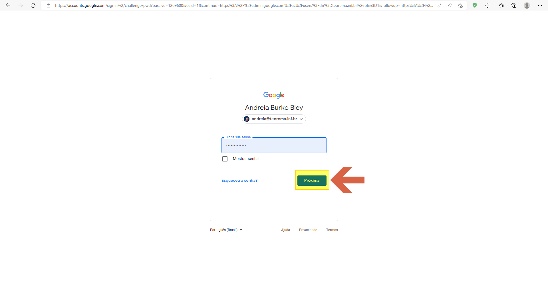 Tela de autenticação Google com campo "Digite sua senha" e botão "Próxima"