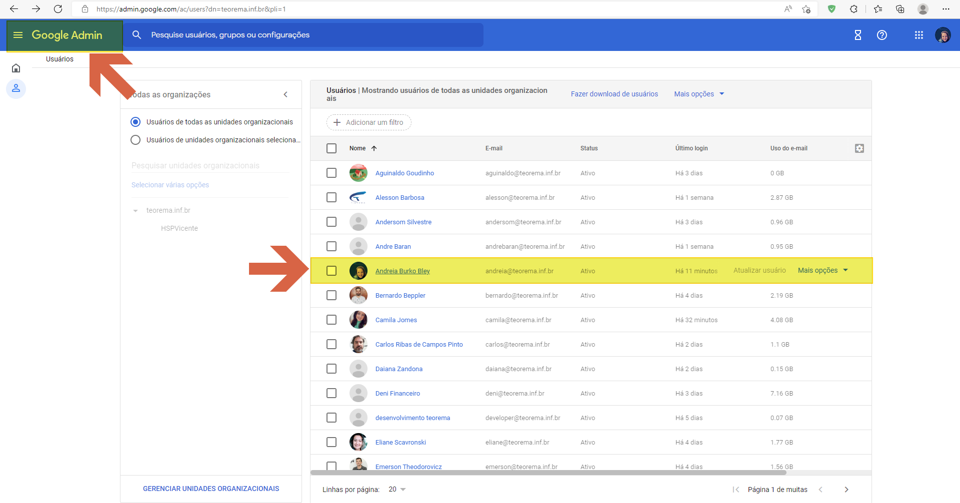 Lista de usuários do Google Admin com o domínio teorema.inf.br; usuário selecionado destacado na lista