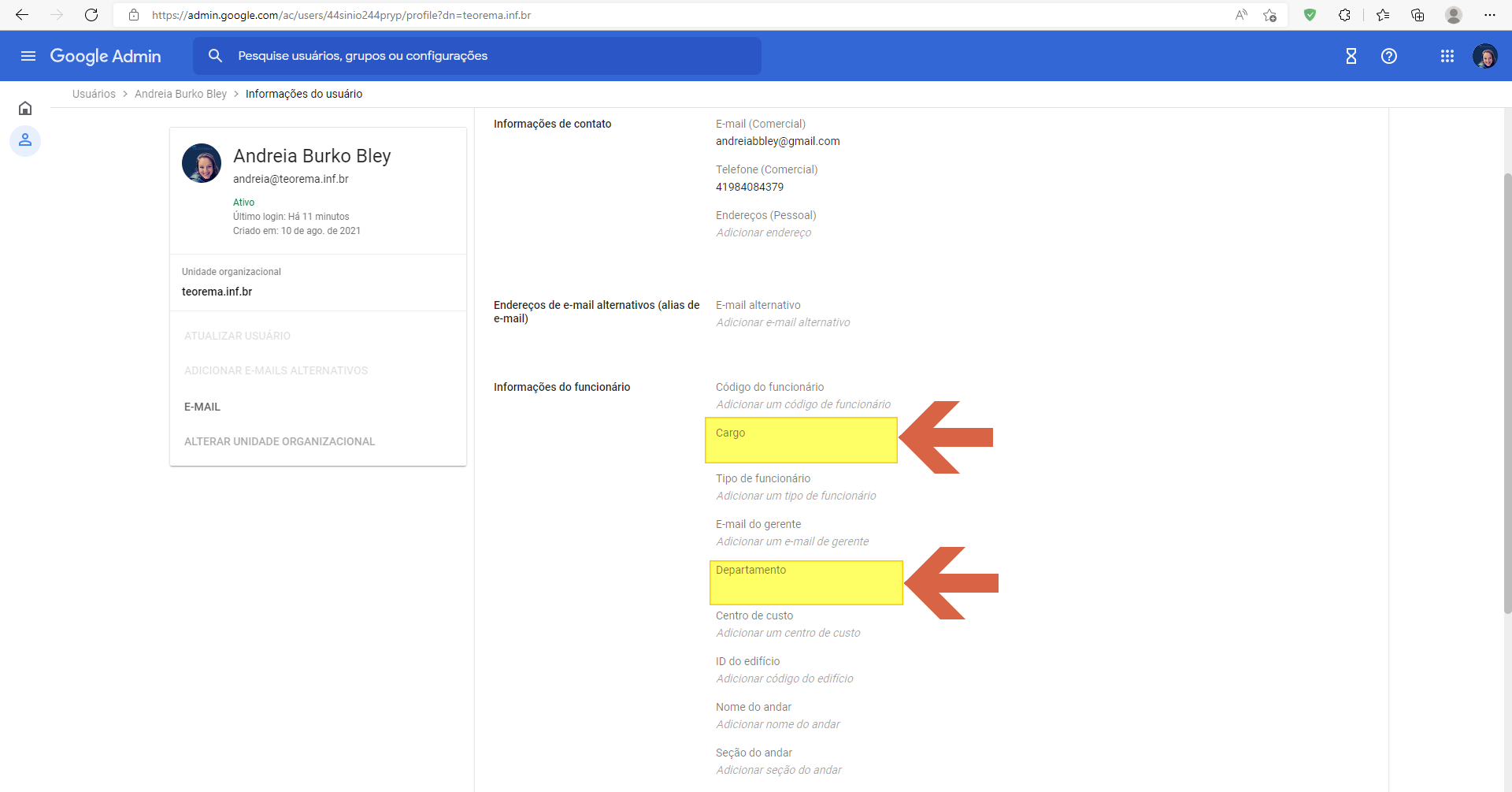 Tela "Informações do usuário" com os campos "Cargo" e "Departamento" destacados na seção "Informações do funcionário"