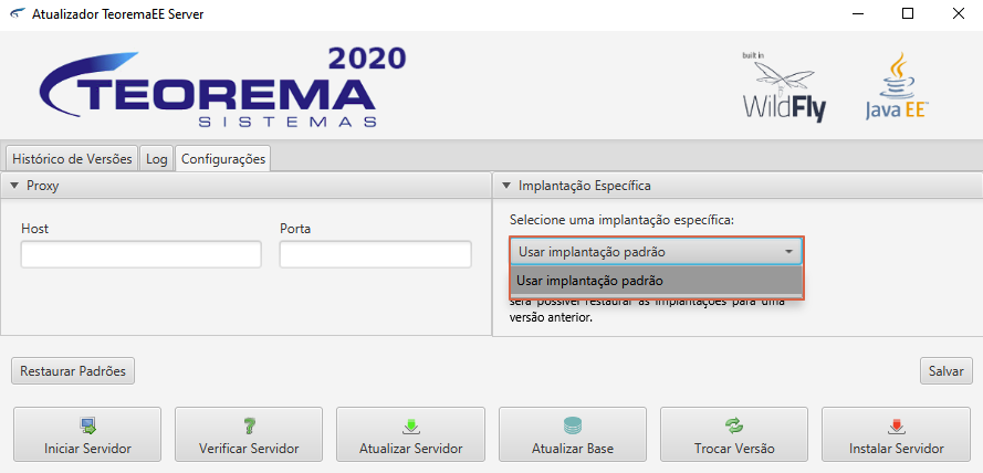 Atualizador TeoremaEE Server, aba Configurações, painel Implantação Específica com a opção "Usar implantação padrão" selecionada no dropdown