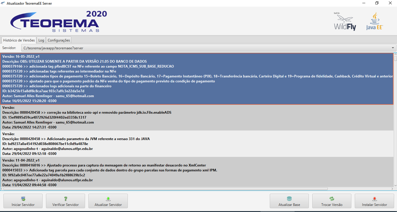 Atualizador TeoremaEE Server, aba Histórico de Versões exibindo o registro da versão 16-05-2022_v1 com os itens adicionados: tag pRedBCST na NF-e, tags de intermediador na NF-e, tipos de pagamento 15 a 19 (Boleto Bancário, Depósito Bancário, PIX, Transferência Bancária, Carteira Digital, Programa de Fidelidade), ajuste para que o pagamento padrão da NF-e venha do tipo de pagamento previsto na condição de pagamento, e logs adicionais no financeiro