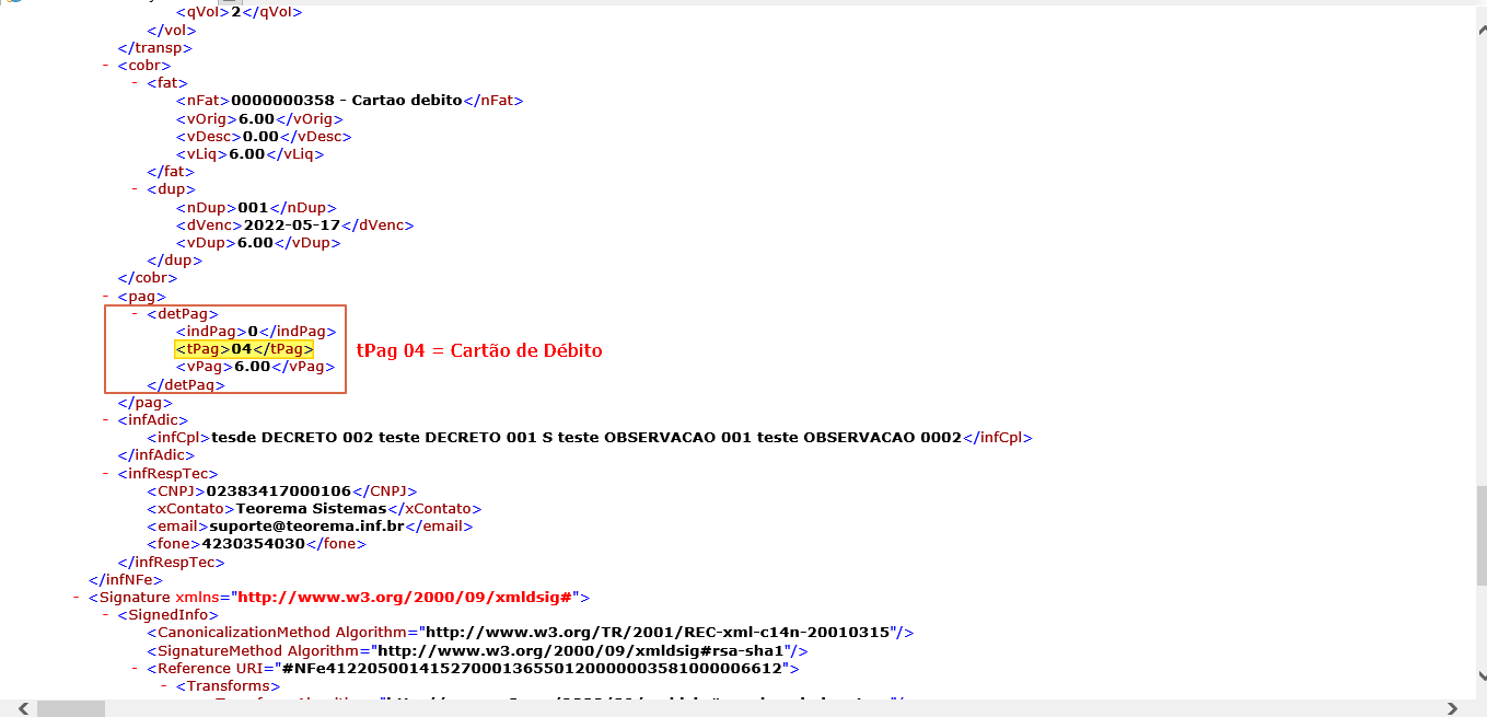 Visualizador de XML da NF-e exibindo o bloco pag com o elemento tPag preenchido com o valor 04, com a anotação "tPag 04 = Cartão de Débito" destacada