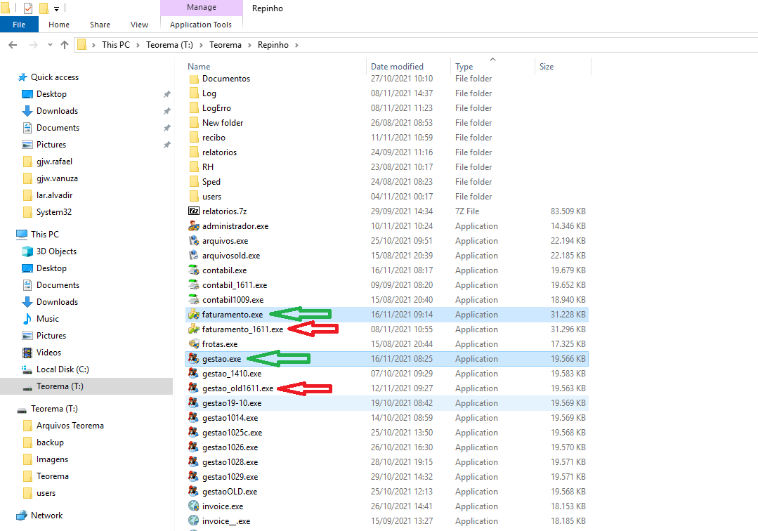 Windows Explorer em Teorema (T:) > Teorema > Repinho exibindo executáveis da pasta do cliente; faturamento.exe e gestao.exe (setas verdes) são os novos; faturamento_1611.exe e gestao_old1611.exe (setas vermelhas) são os backups renomeados com data