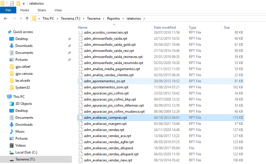 Windows Explorer em Teorema (T:) > Teorema > Repinho > relatorios, listando arquivos .rpt como adm_acordos_comerciais.rpt, adm_almoxarifado_saida.rpt, adm_avaliacao_compras.rpt (selecionado) e demais relatórios RPT File