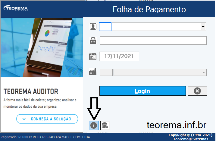 Tela de login do módulo Folha de Pagamento (Teorema Sistemas) com seta apontando para o botão de informação (ícone i) na parte inferior