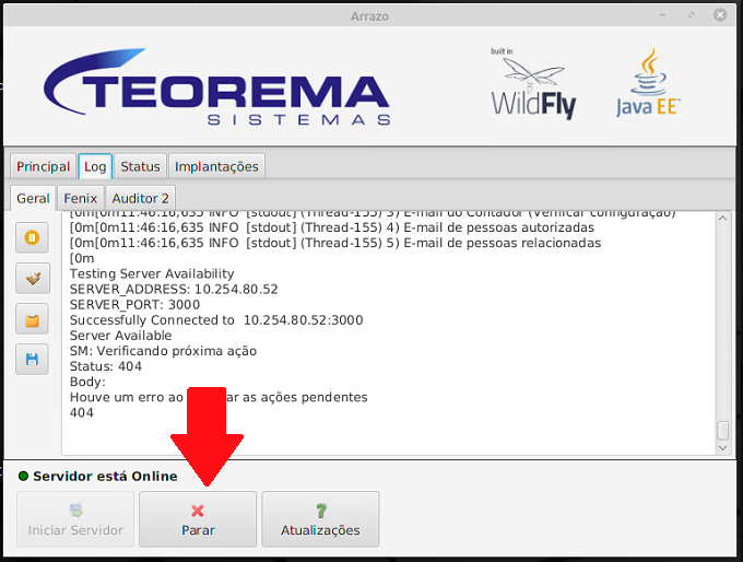 Servidor de Notas Teorema com status "Servidor está Online" e seta indicando o botão Parar