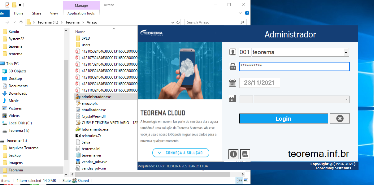 Módulo Administrador — tela de login com campo Usuário preenchido como "001 teorema" e botão Login