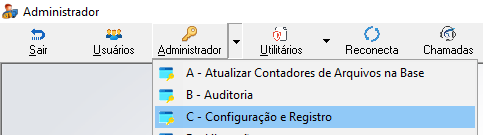 Menu Administrador expandido com opção "C - Configuração e Registro" destacada