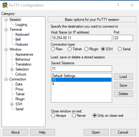 PuTTY Configuration — campo Host Name preenchido com 10.254.80.11, porta 22, tipo de conexão SSH; sessão salva "11" selecionada