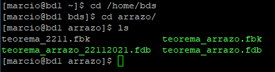 Terminal PuTTY — comandos "cd /home/bds", "cd arrazo/" e listagem dos arquivos: teorema_2211.fbk, teorema_arrazo.fbk, teorema_arrazo_22112021.fdb, teorema_arrazo.fdb