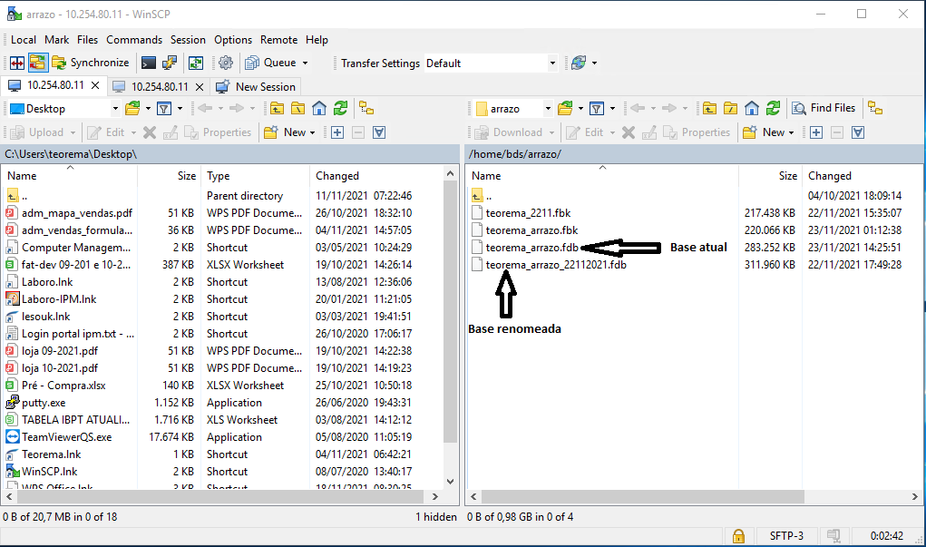 WinSCP conectado ao servidor 10.254.80.11 — painel remoto exibindo pasta /home/bds/arrazo/ com arquivos teorema_arrazo.fdb (Base atual) e teorema_arrazo_22112021.fdb (Base renomeada)