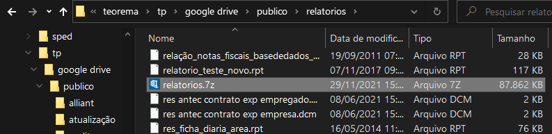 Explorer mostrando pasta tp > google drive > publico > relatorios com arquivo relatorios.7z de 87.862 KB