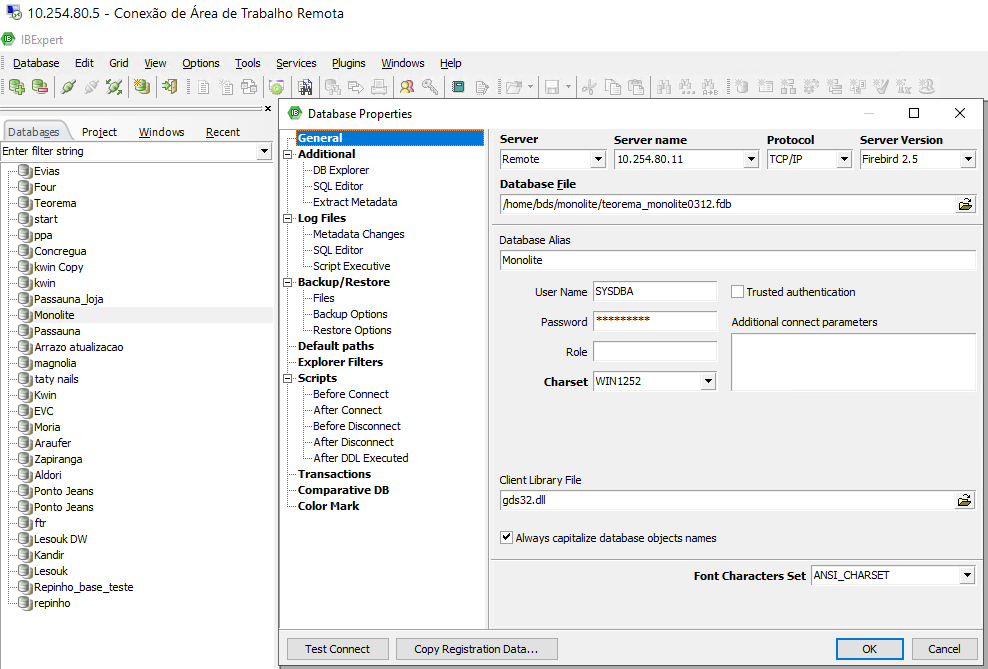 IBExpert — janela Database Properties com servidor 10.254.80.11, caminho /home/bds/monolite/teorema_monolite0312.fdb, alias Monolite, User Name SYSDBA e campo Password preenchido (mascarado)