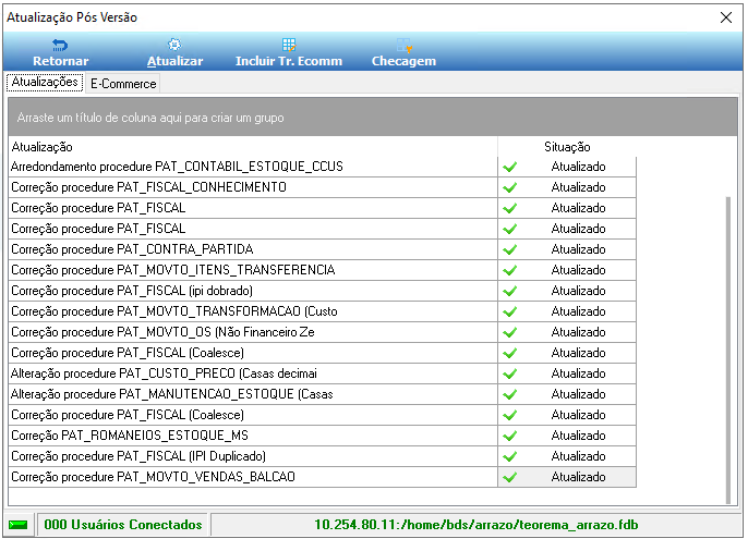 Tela Atualização Pós Versão — lista de atualizações de procedures e correções (PAT_CONTABIL_ESTOQUE_CCUS, PAT_FISCAL_CONHECIMENTO, PAT_FISCAL, entre outras) todas com situação "Atualizado"
