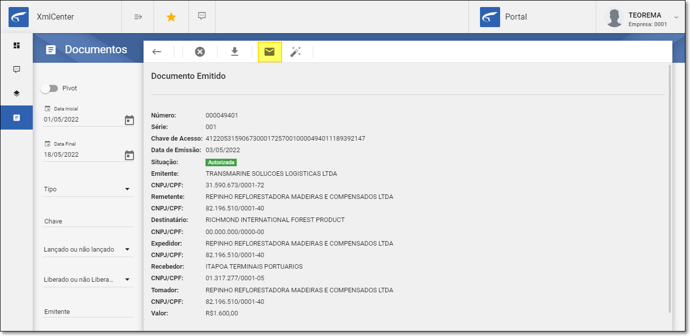 XMLCenter — tela de detalhe "Documento Emitido" com dados completos do CT-e; ícone de e-mail na barra de ações