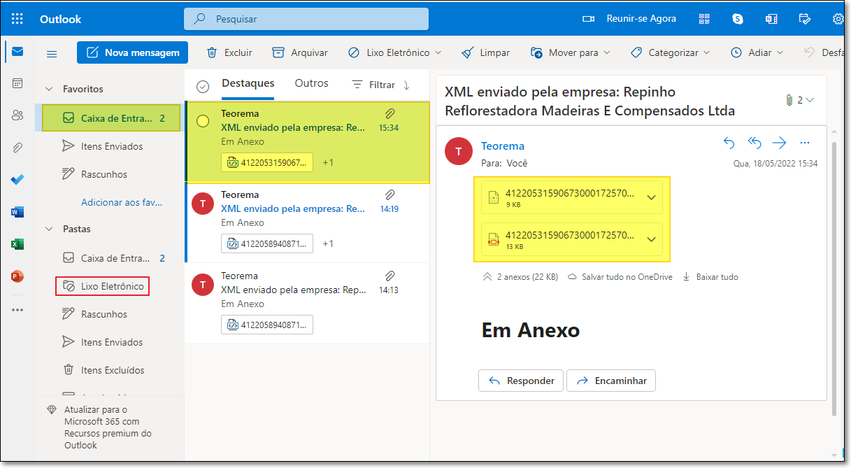 Microsoft Outlook — caixa de entrada com e-mail "XML enviado pela empresa: Repinho Reflorestadora Madeiras E Compensados Ltda" aberto; painel lateral destaca a pasta "Lixo Eletrônico"; dois anexos listados no painel de leitura