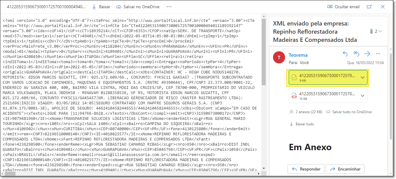 Microsoft Outlook — painel de leitura do e-mail mostrando dois anexos com a chave de acesso no nome do arquivo; segundo anexo selecionado exibe preview do DACTE (CT-e) com dados do documento