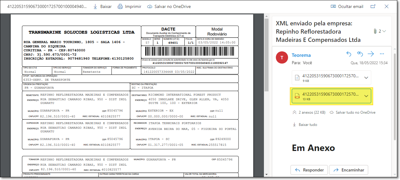 Microsoft Outlook — preview do anexo PDF com o DACTE (Documento Auxiliar do Conhecimento de Transporte Eletrônico) aberto; dados de remetente, destinatário, expedidor, recebedor e tomador visíveis