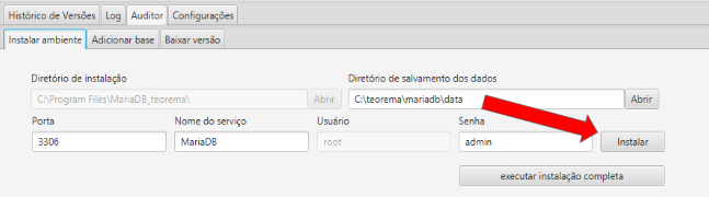 Aba Instalar ambiente no Windows com campos Diretório de instalação, Diretório de salvamento dos dados, Porta (3306), Nome do serviço (MariaDB), Usuário (root) e Senha (admin), e botão Instalar