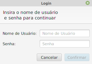 Janela Login com campos Nome de Usuário e Senha e botões Cancelar e Confirmar