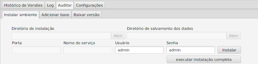 Aba Instalar ambiente no Linux com campos Usuário (admin) e Senha (admin), e botão Instalar