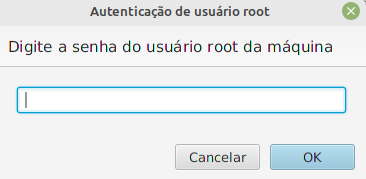 Janela Autenticação de usuário root com campo de senha e botões Cancelar e OK