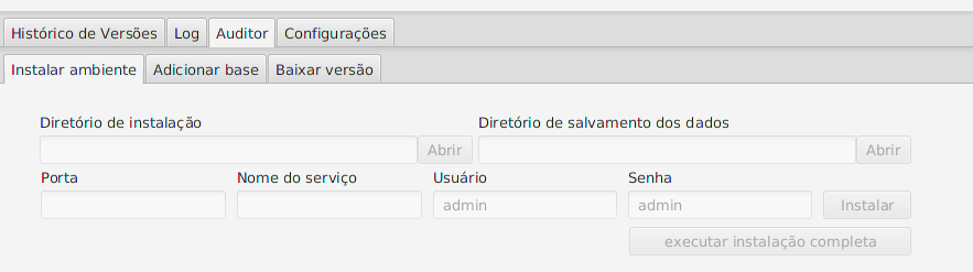 Aba Instalar ambiente no Linux após instalação concluída, com campos desabilitados e botão executar instalação completa