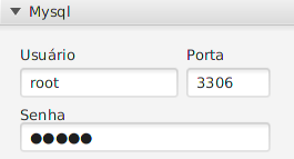 Seção Mysql na aba Configurações com campos Usuário (root), Porta (3306) e Senha mascarada