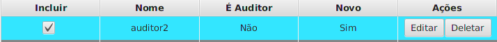 Tabela com base auditor2 em destaque: Incluir marcado, É Auditor Não, Novo Sim, botões Editar e Deletar