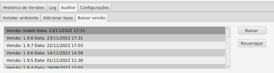 Aba Baixar versão com lista de versões (stable 23/11/2022 17:31, 1.9.8, 1.9.7, 1.9.6, 1.9.5, 1.9.4) e botões Baixar e Recarregar