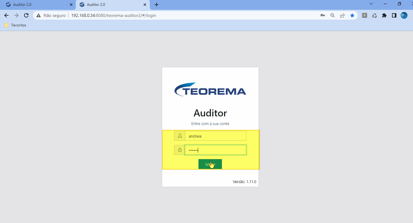 Tela de login do Teorema Auditor 2.0 com campos de login e senha preenchidos e botão Login