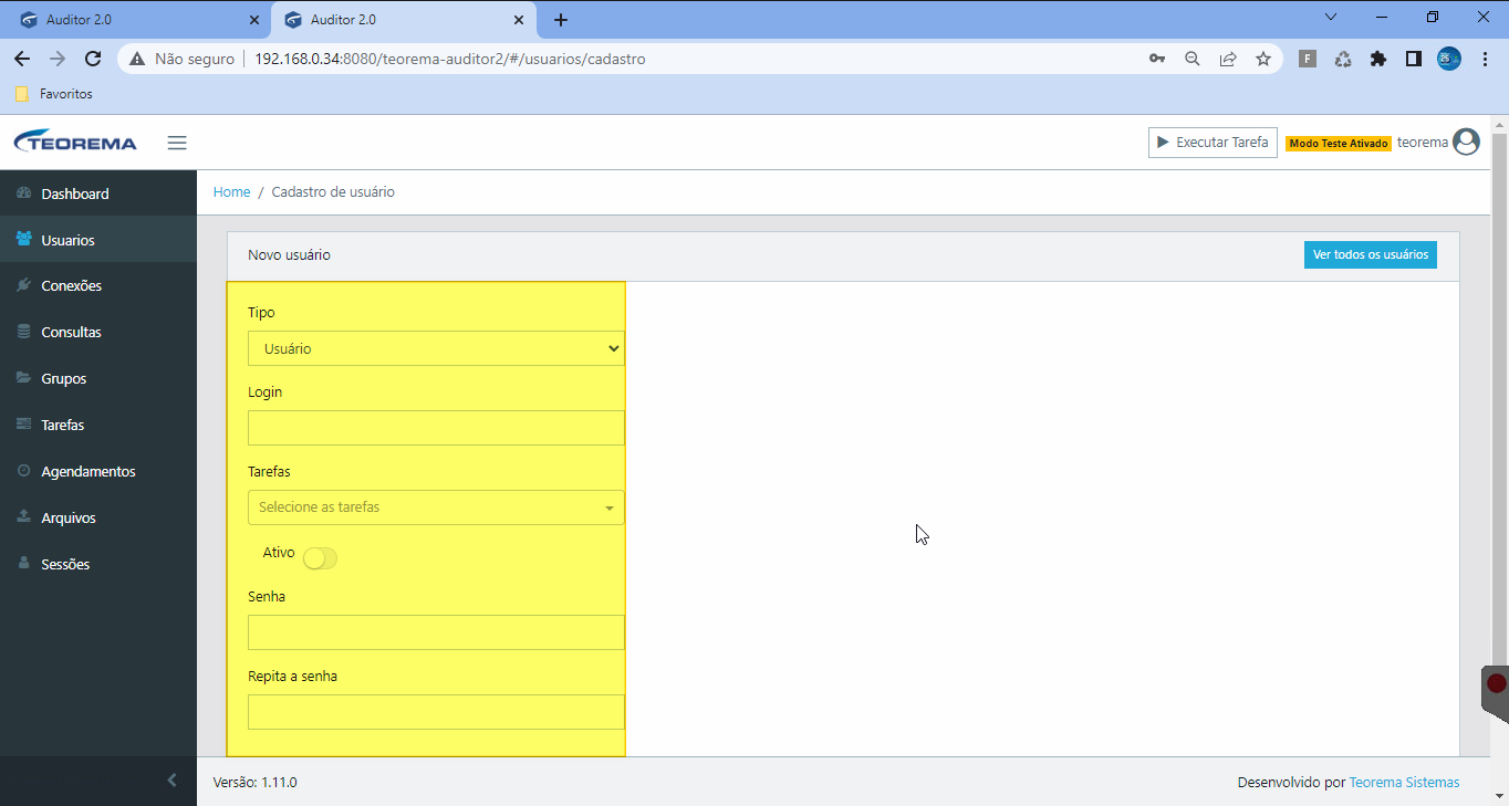 Formulário Novo usuário com campos Tipo (seletor), Login, Tarefas (multiselect), toggle Ativo, Senha e Repita a senha