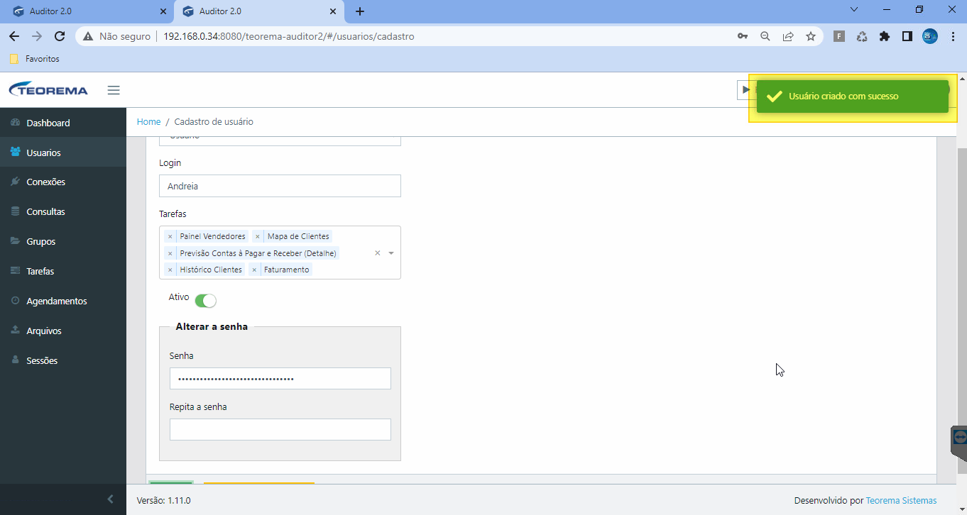 Notificação "Usuário criado com sucesso" no canto superior direito