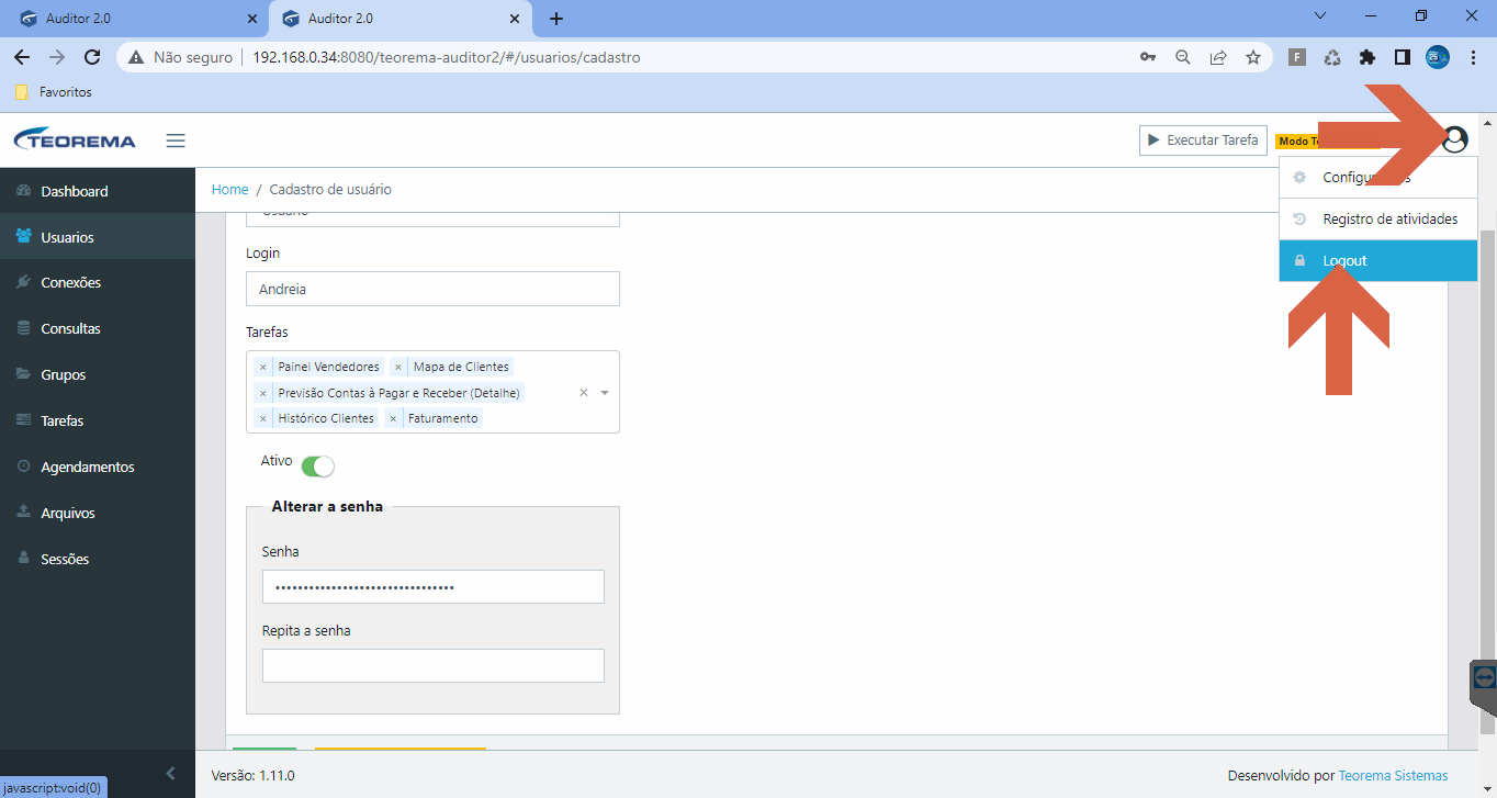 Menu do usuário aberto com opções Configurações, Registro de atividades e Logout em destaque