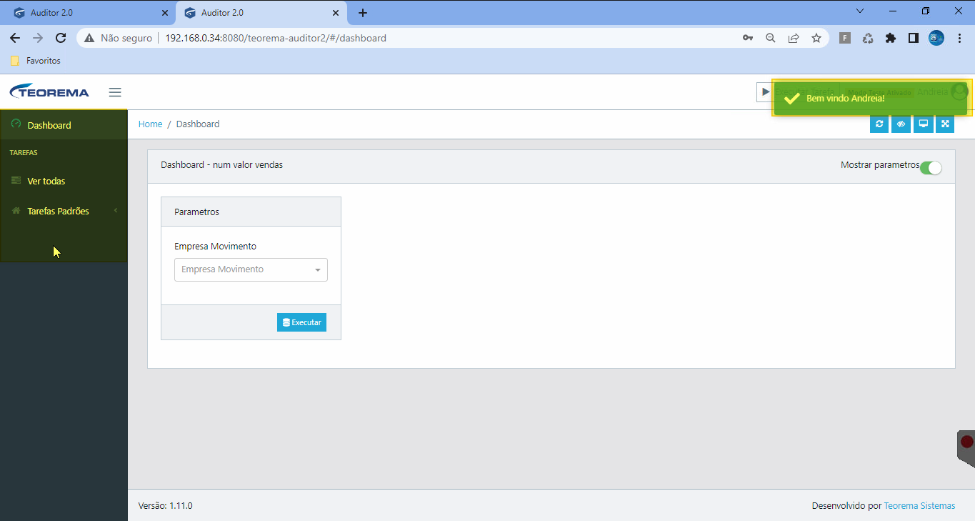 Dashboard com mensagem "Bem vindo Andreia!" e grupo Tarefas Padrões no menu lateral
