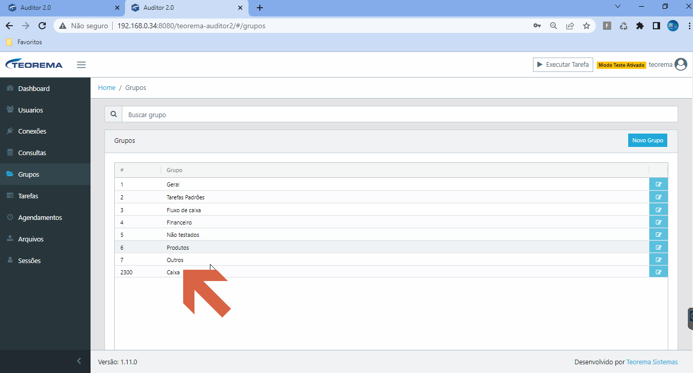 Tela Grupos com o novo grupo "Caixa" (id 2300) adicionado ao final da lista