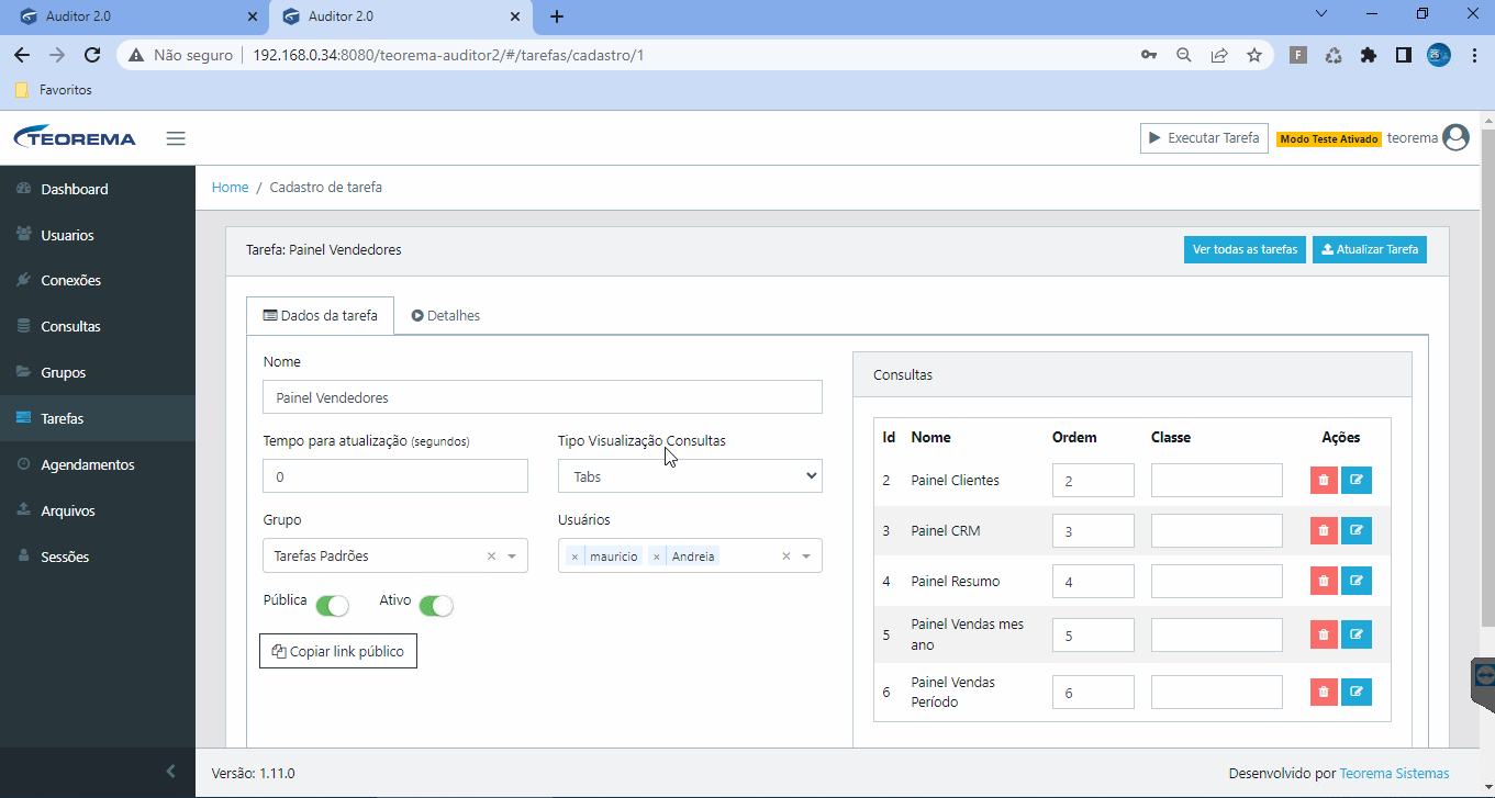 Dropdown do campo Grupo aberto com opções: Geral, Tarefas Padrões, Fluxo de caixa, Financeiro, Não testados, Produtos, Outros