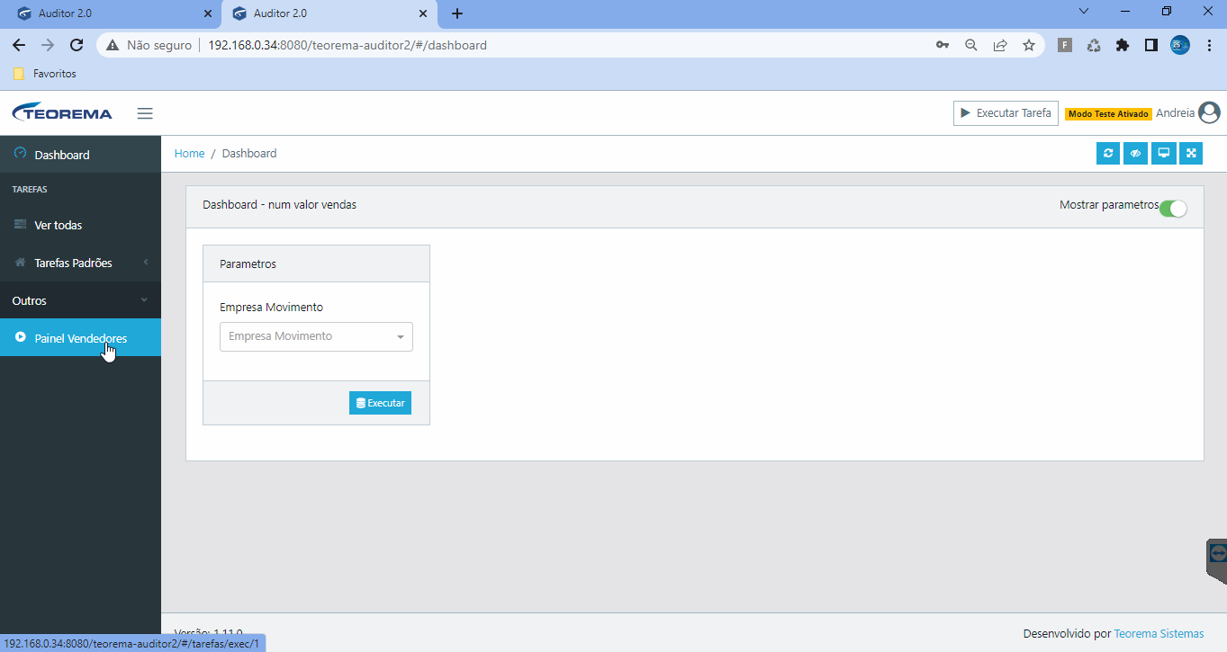 Dashboard do usuário Andreia com grupos Outros e Tarefas Padrões exibidos no menu lateral, tarefa Painel Vendedores listada sob Outros