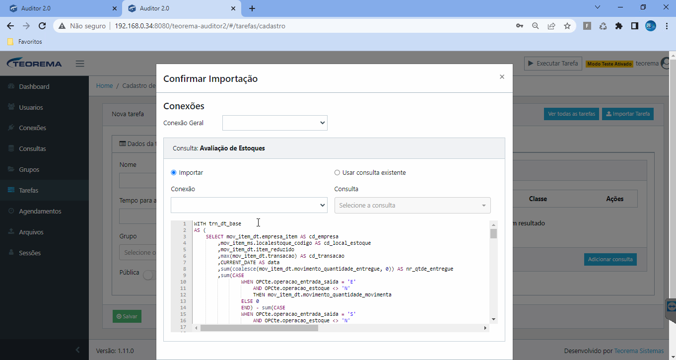 Caixa de diálogo Confirmar Importação com consulta "Avaliação de Estoques", opções Importar e Usar consulta existente, seletores de Conexão e Consulta e visualização do SQL